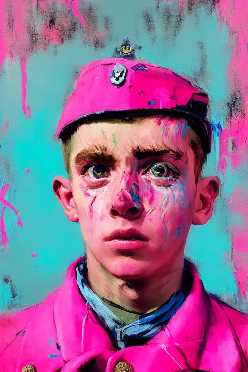 Image similar to portrait of a young soldier boy nor living in a death postapoliptic world, painted in acrylic, in the colors hot pink and cyan, beautiful realistic face, rule of thirds, dutch soldier outfit, spotlight, by greg rutkowski, by jeremy mann, by francoise nielly, by van gogh, digital painting