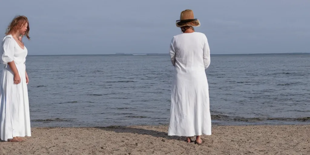 Prompt: a woman wearing a white dress standing on a beach in Denmark, in the style of Peder Severin