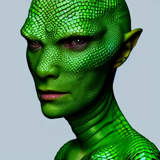 Prompt: portrait of a woman with scaly green skin and reptilian eyes. lizard woman anthropomorphic reptile. ultra HD high detail sharp detail character design zbrush trending on artstation photorealism