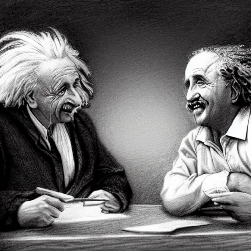 Prompt: Einstein and Newton speaks each other on a topic, pencil drawing, ultra detailed, octane render