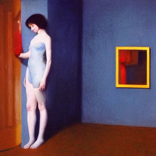 Image similar to close - up of an ivory young gir in a blue and red haunted liminal abandoned room, film still by edward hopper, by gottfried helnwein, by klimt, art noveau, highly detailed, strong lights, liminal, eerie, bright pastel colors,