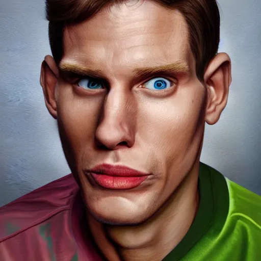 Image similar to Caricature portraits done of Jerma, realistic, hyperrealistic, very realistic, highly detailed, very detailed, extremely detailed, detailed, oil painting, digital art, trending on artstation