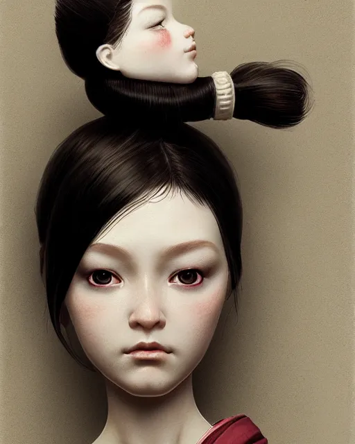 Image similar to hyper realistic photo portrait android porcelain doll face geisha cinematic, artstation, cgsociety, greg rutkowski, james gurney, mignola, craig mullins, brom, ghibli