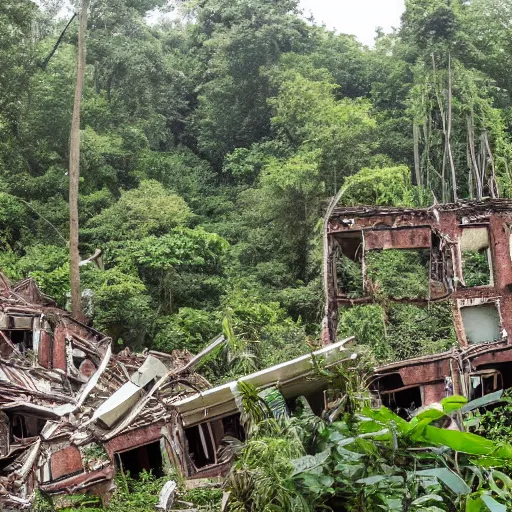 Prompt: ruins of an apartment complex in a jungle, DSLR photography - W 790