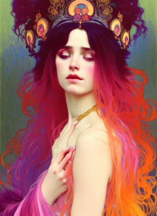 Image similar to ombre velvet gown, feathers, vivid colors, lovely dark autumn princess, portrait, long hair, tiara, jeweled choker, by alphonse mucha, brom, greg rutkowski, anato finnstark, global illumination