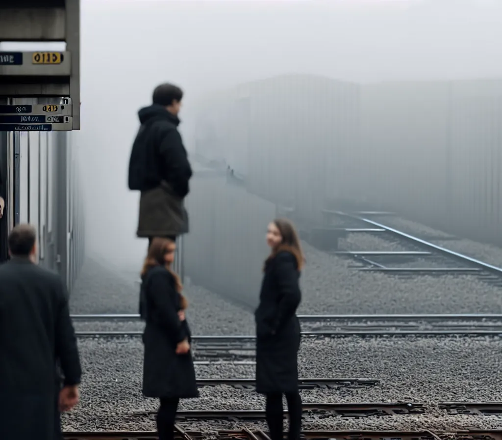 Prompt: A man and a woman wait for a train on a platform back to the camera, trains in the background, foggy morning hard light, horizontal composition, photorealistic