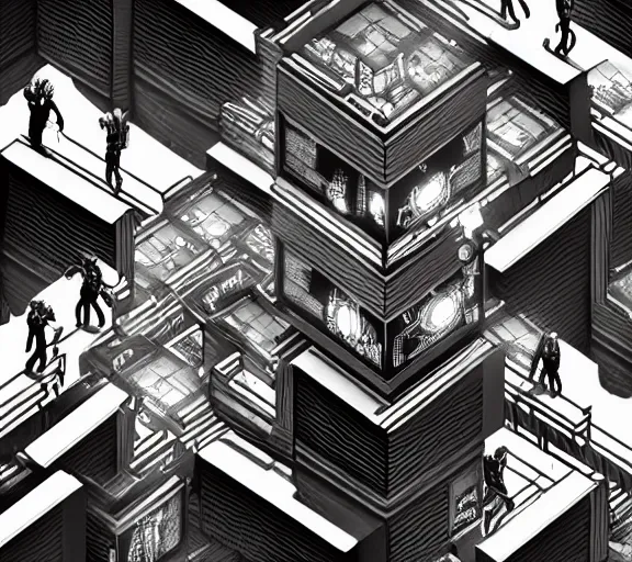 Prompt: a black and white illustration of a cyberpunk netrunner, street level, in the style of (Escher), 4k, 8k, HD, trending on artstation