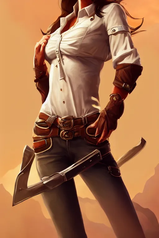 Image similar to full body, female cowgirl, perfect face, white blouse, empty gun holster, 8 k, magic the gathering, desert, d & d, artstation, high detail, smooth, muscular