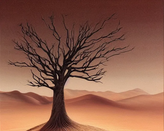 Prompt: a painting of a tree in the desert, an airbrush painting by breyten breytenbach, wavy sand pattern, cgsociety, neo - primitivism, airbrush art, dystopian art, apocalypse landscape