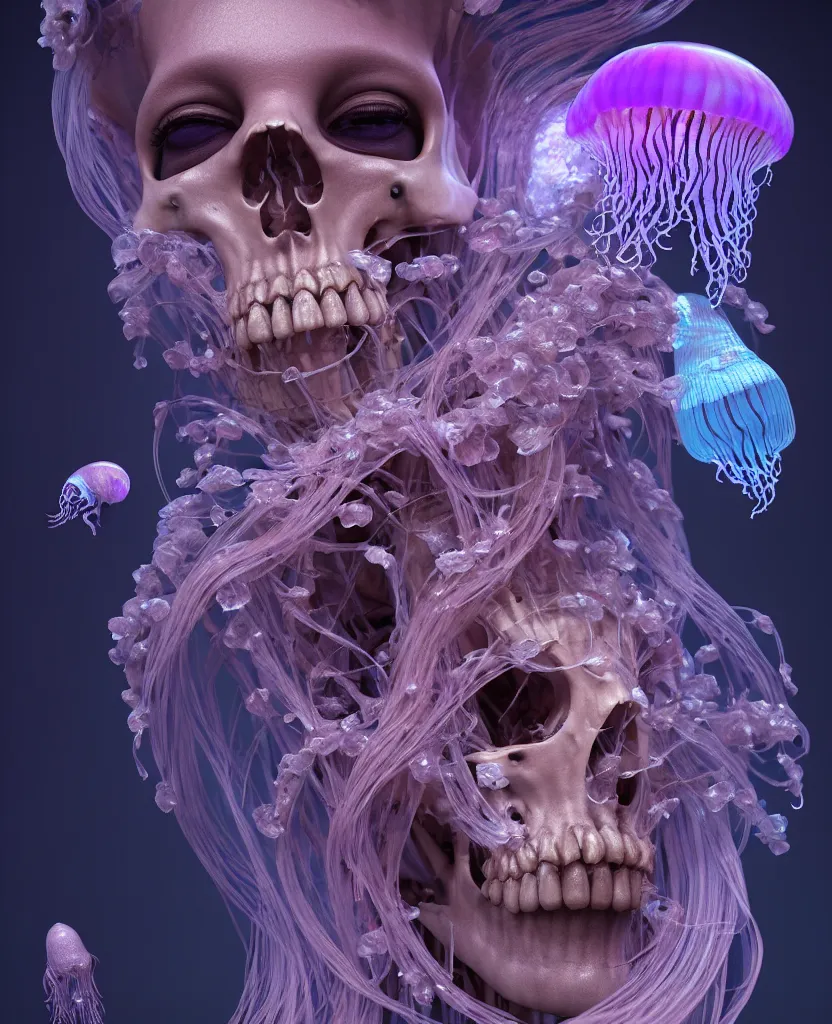 Image similar to goddess close - up portrait human skeleton, ram skull, jellyfish, orchid, betta fish, bioluminiscent, intricate artwork by tooth wu and wlop and beeple. octane render, trending on artstation, greg rutkowski very coherent symmetrical artwork. cinematic, hyper realism, high detail, octane render, 8 k