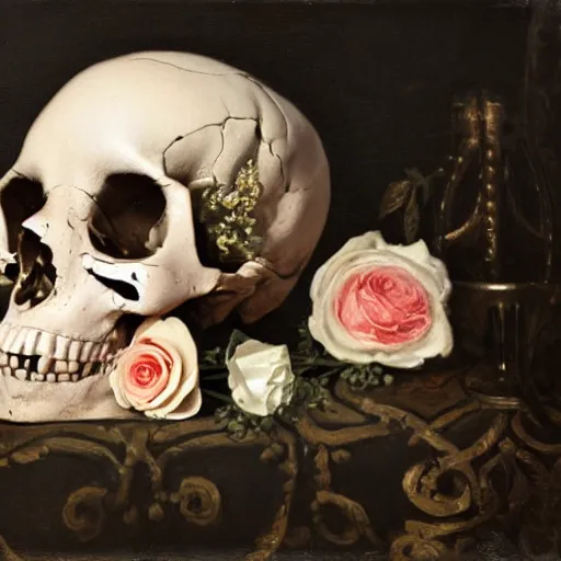 Prompt: a detailed baroque still life oil painting of a human skull with white roses coming out of the eye sockets and dark black lace curtains behind