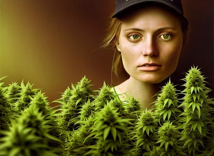 Image similar to photo, young female marijuana farmer, marijuana farm, stefan kostic and david cronenberg, realistic, sharp focus, 8 k high definition, intricate, chiaroscuro, elegant, perfect faces, symmetrical face, extremely detailed, hypnotic eyes, realistic, fantasy art, masterpiece zdzislaw beksinski, national geographic, artgerm