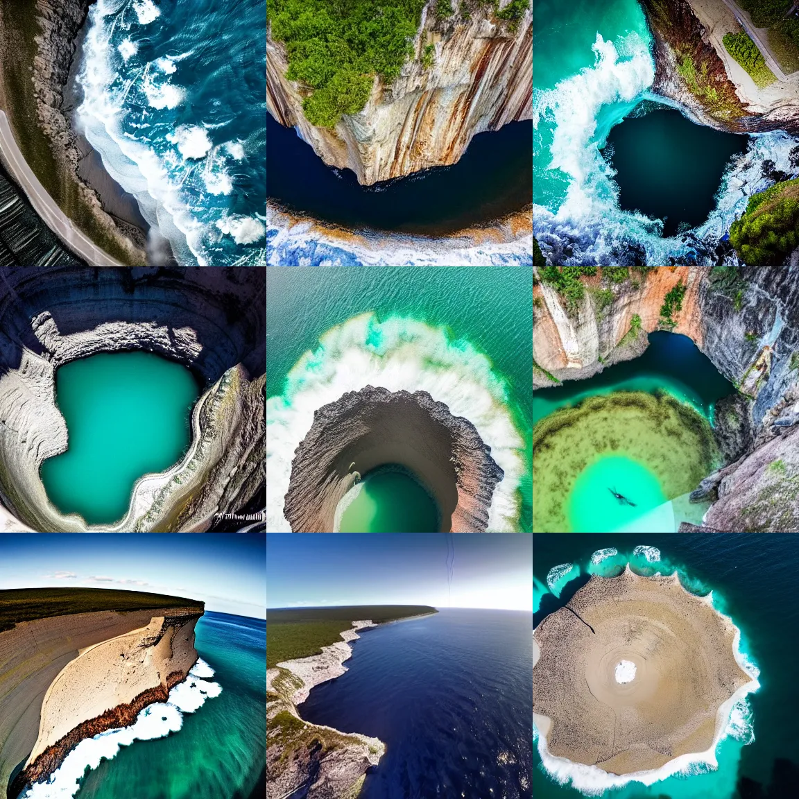 Prompt: an abyss into the ocean, big hole, shot from a drone, looking down, transparent water, epic scale, ominous