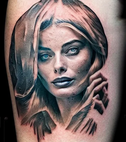 Image similar to tattoo design sketch double exposure of margot robbie and beautiful mountain scenery, creative mash up, in the style of arlo dicristina, surrealist, amazing detail, sharp