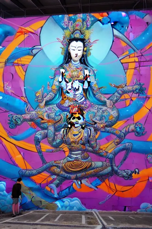 Image similar to epic graffiti mural of a 1000 arm Quan Yin , colorful and dynamic in the style of Hownosm and James Jean, ultimate collab, epic, unreal engine 5, coming to life popping out of the wall 3d,