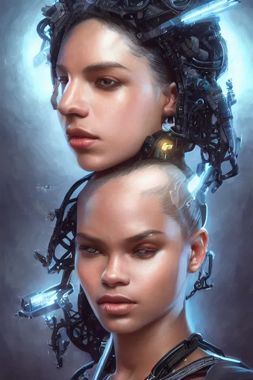 Image similar to ultra realistic illustration, dappled lighting, closeup portrait shot, black american, perfect lighting, hacknaut cyberpunk, sci - fi, fantasy, intricate, elegant, deviantart, highly detailed, digital painting, artstation, concept art, smooth, sharp focus, illustration, art by artgerm and greg rutkowski and alphonse mucha