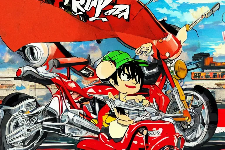 Image similar to italian pizza, akira's motorcycle, gorillaz, flyer, kid drawn