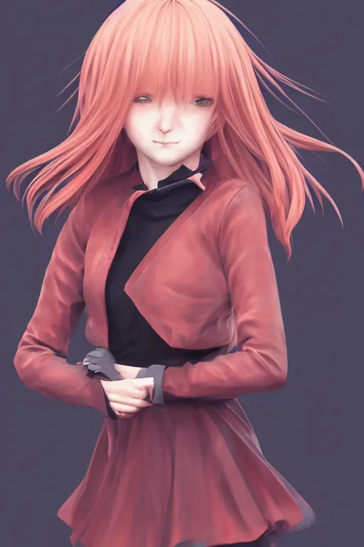 Image similar to Very complcated dynamic composition, realistic anime style at Pixiv, Zbrush sculpt colored, Octane render in Maya and Houdini VFX, young redhead girl in motion, wearing jacket and skirt, silky hair, black stunning deep eyes. By ilya kuvshinov, krenz cushart, Greg Rutkowski, trending on artstation. Amazing textured brush strokes. Cinematic dramatic soft volumetric studio lighting