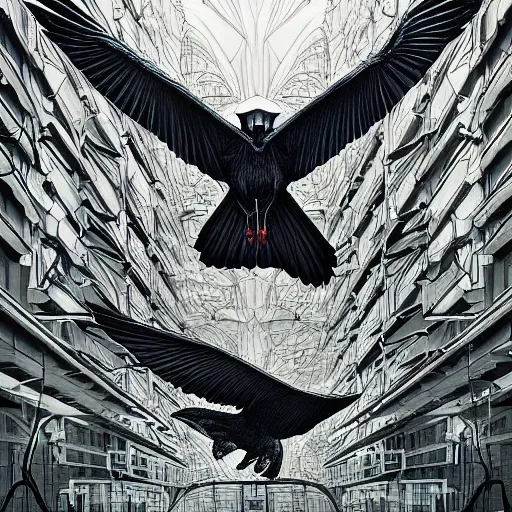 Image similar to crows at a architectural complex with an occult witch by Android Jones and M. C. Escher collaboration, futurist, digital art, dramatic lighting, symbolic