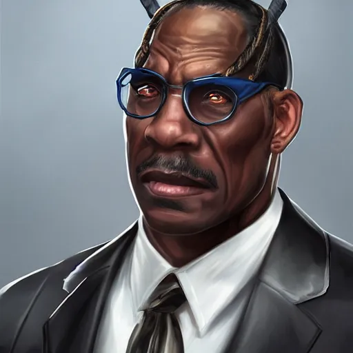 Prompt: a portrait of a muscular older black man with cornrows and a suit with a monocle on, D&D, sci-fi, elegant, hopeful, muscular, highly detailed, digital painting, artstation, concept art, smooth, sharp focus, illustration