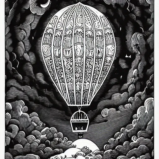Prompt: illustration of a victorian air balloon sticker by joe fenton , black and white, line art, intricate details