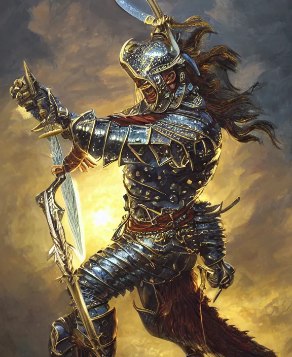 Prompt: strong warrior with legendary sword, fantasy, man, gilded shiny armour, highly detailed, contrast, digital painting, artstation, concept art, wallpaper, smooth, sharp focus, illustration, illumination, raytracting, art by larry elmore, jeff easley, clyde waldwell, keith parkinson, daniel r horne