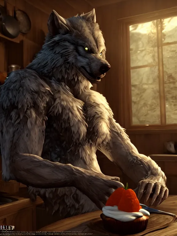 Image similar to cute handsome cuddly burly surly relaxed calm timid werewolf from van helsing sitting down at the breakfast table in the kitchen of a normal suburban home having fun baking cupcakes with orange frosting unreal engine hyperreallistic render 8k character concept art masterpiece screenshot from the video game the Elder Scrolls V: Skyrim