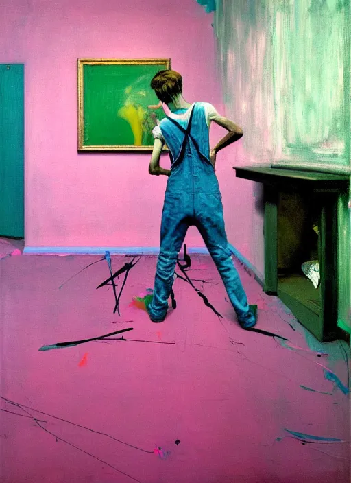 Image similar to an insane, skinny, artist wearing overalls, expressive, painting the walls inside a grand messy studio, hauntingly surreal, highly detailed painting by francis bacon, edward hopper, adrian ghenie, gerhard richter, and james jean, soft light 4 k in pink, green and blue colour palette, cinematic composition,