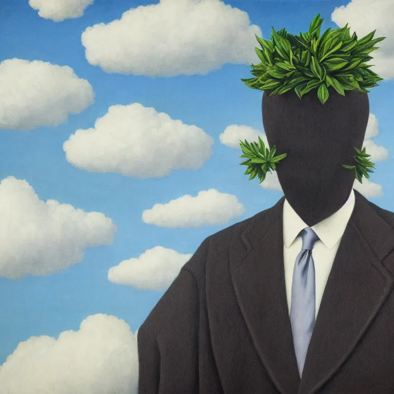 Image similar to portrait of a faceless beautiful flower - head man in a suit, clouds in the background, by rene magritte, detailed painting, distance, middle centered, hd, hq, high resolution, high detail, 4 k, 8 k