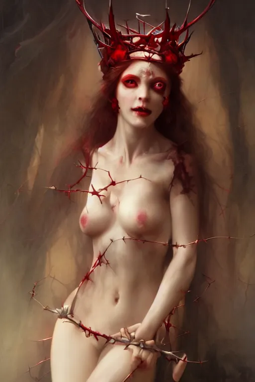 Prompt: Portrait of beautiful pale laughing succubus maiden with crown of thorns and glowing red eyes, steampunc, digital art from artstation by Ruan Jia and Mandy Jurgens and Artgerm and william-adolphe bouguereau