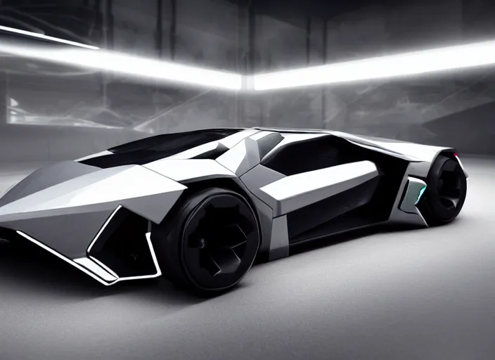 Prompt: cyberpunk lamborghini concept inspired car, futuristic look, highly detailed body, aerodynamic body, photorealistic camera shot, bright studio setting, studio lighting, crisp quality and light reflections, unreal engine 5 quality render