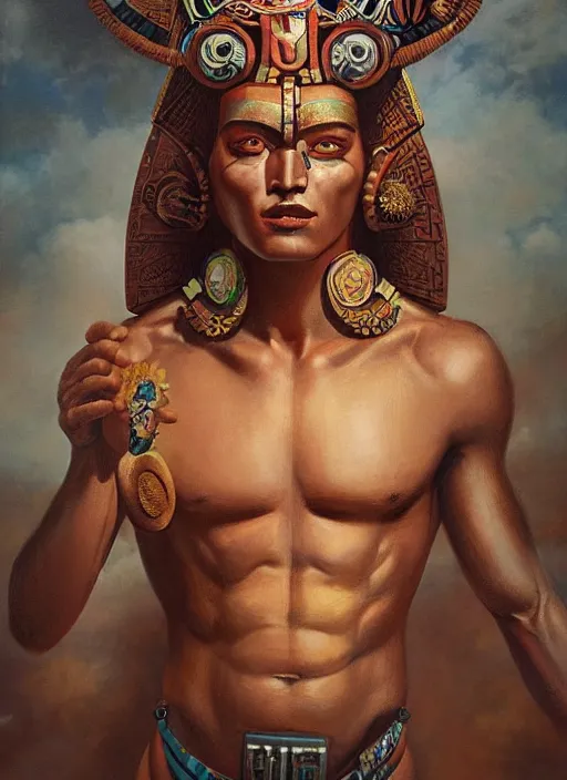 Image similar to portrait of a macho aztec god, by bogdan rezunenko and denys tsiperko and tom bagshaw, hyperrealism