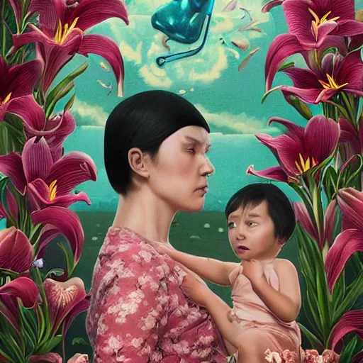 Image similar to pretty mother with child in arm with lilies : : by martine johanna and simon stalenhag and chie yoshii and casey weldon and wlop : : ornate, dynamic, particulate, rich colors, intricate, elegant, highly detailed, vogue, harper's bazaar art, fashion magazine, smooth, sharp focus, 8 k, octane render