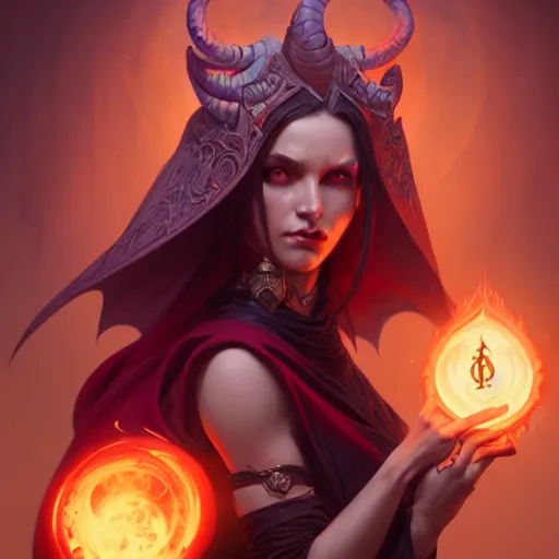 Image similar to Demoness, female, robes, D&D, fantasy, intricate, elegant, highly detailed, digital painting, artstation, octane render, concept art, matte, sharp focus, illustration, hearthstone, art by Artgerm and Greg Rutkowski and Alphonse Mucha