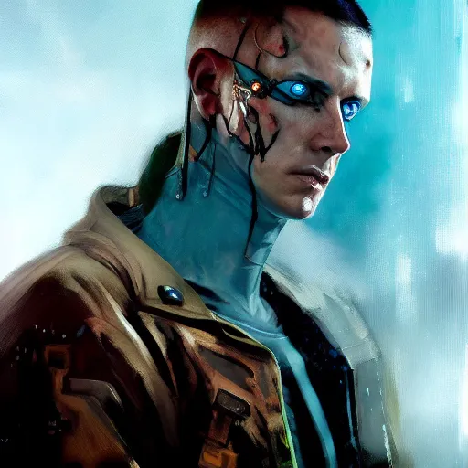 Prompt: cyberpunk, armitage, closeup portrait of a crazy ex soldier with a battlescar, light blue eyes, brown buzzcut, cyborg, dramatic light, city background, sunset, dystopian setting, high contrast, sharp, neuromancer, painted by stanley lau, painted by greg rutkowski, painted by stanley artgerm, digital art, trending on artstation