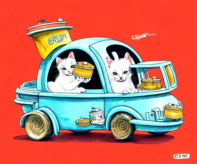 Prompt: cute and funny, kitten wearing a cookpot helmet driving a catnip truck like they stole it, ratfink style by ed roth, centered award winning watercolor pen illustration, isometric illustration by chihiro iwasaki, edited by craola, tiny details by artgerm and watercolor girl, symmetrically isometrically centered