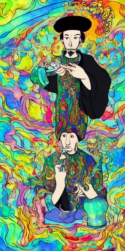 Image similar to a mystical man with a goblet on the table, wizard hat, psychedelic, Korean animation