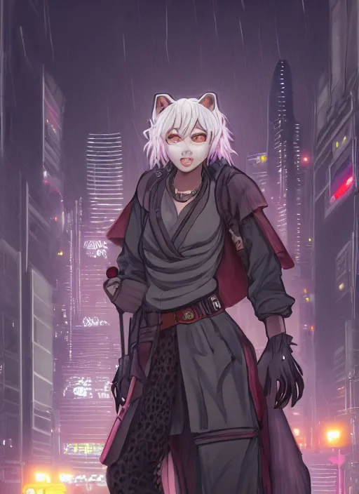 Image similar to character portrait of a cute beautiful attractive female anthro hyena fursona with long black curly hair wearing jedi robes in a cyberpunk city at night while it rains. hidari, color page, tankoban, 4K, tone mapping, Akihiko Yoshida.