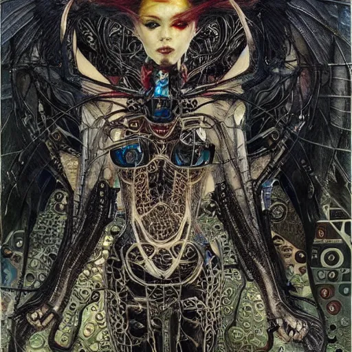 Prompt: winged cyberpunk demoness trapped in circuitry, intricate detail, miro, royo, whealan, klimt,