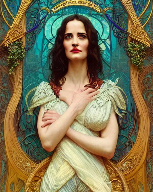 Image similar to eva green | highly detailed | very intricate | art nouveau | gold filigree | storybook illustration | soft cinematic lighting | award - winning | painted by mandy jurgens and alphonse mucha and alena aenami | pastel color palette | featured on artstation