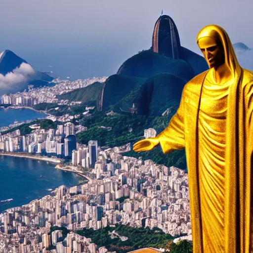 Prompt: christ the redeemer made out of gold, rio de janeiro