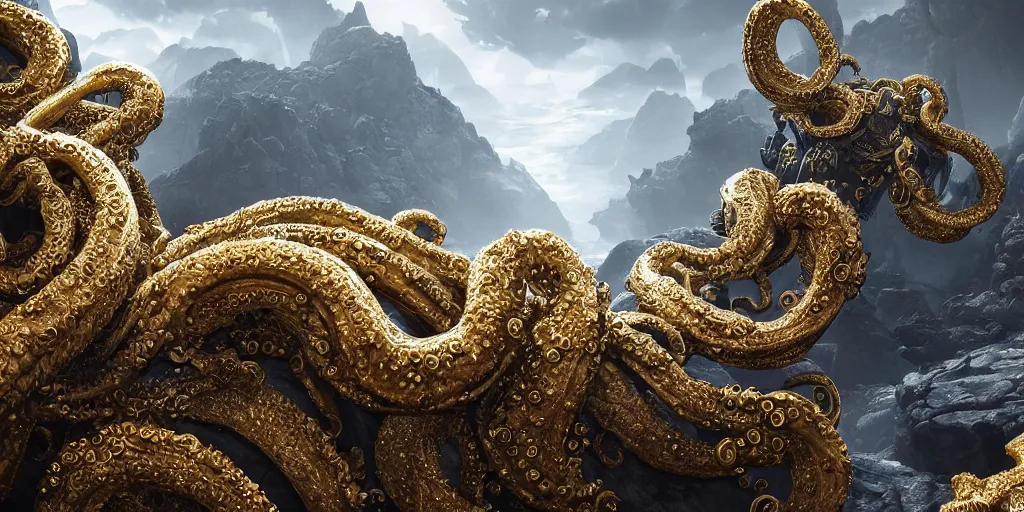 Prompt: a photo of 8k ultra rocky landscape, 8 intricate white and gold tentacles, ornate white and gold armour, cinematic lighting, trending on artstation, 4k, hyperrealistic, focused, high details, unreal engine 5, cinematic, masterpiece