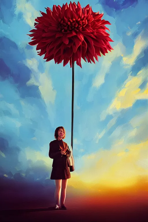 Image similar to closeup giant dahlia flower head, girl in a suit, street, surreal photography, blue sky, sunrise, dramatic light, impressionist painting, digital painting, artstation, simon stalenhag