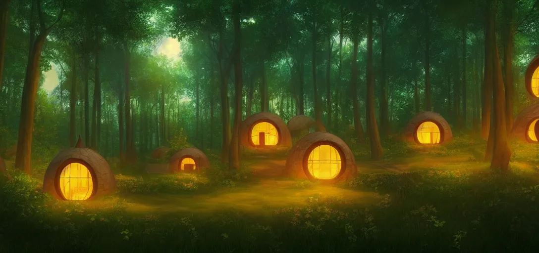 Prompt: beautiful forest, round forest houses with glowing round windows, ray tracing, fireflies, mystical feeling, detailed, digital art