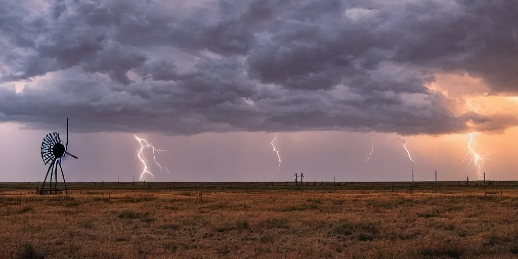 Image similar to photo of a stormy west texas sunset, perfect rustic ( ( windpump ) ), film photography, lightning, golden hour, high quality, beautiful!!!