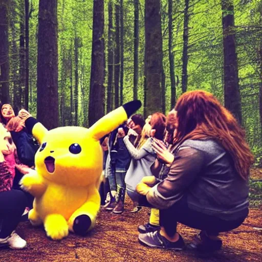 Image similar to photograph of a group of people worshipping a giant!!!, fluffy!!!, chubby!!!, pikachu in a forest, ultra realistic!!!, spring time, slight overcast weather, ( golden hour ), sharp focus