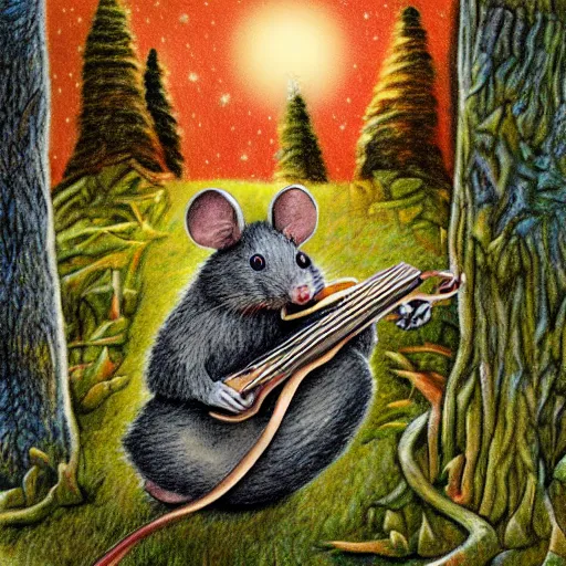 Prompt: mouse playing violin, fantasy forrest background, moonlight, coloured pencil, detailed, medium shoot