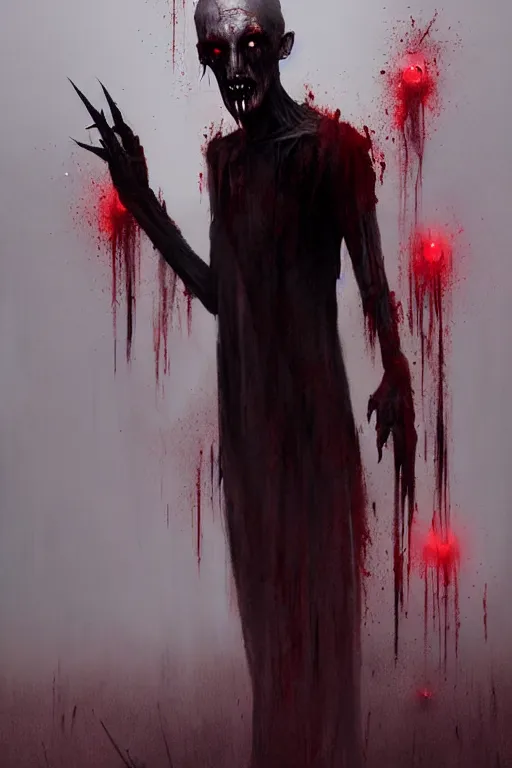 Image similar to tall slender pale humanoid walking in the mist, red eyes, bloody face, creepy, horror, fantasy, bloodcurdling, art by greg rutkowski