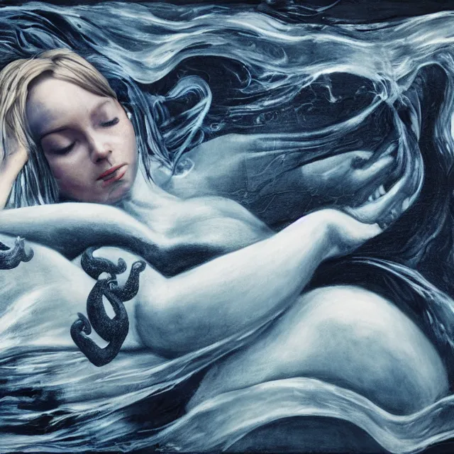 Image similar to a female art student falling asleep, misty, iceberg, black paint, dark, sensual, dreamy, waves, swirls, blue drips, fish, blueberries, octopus, neo - impressionist, surrealism