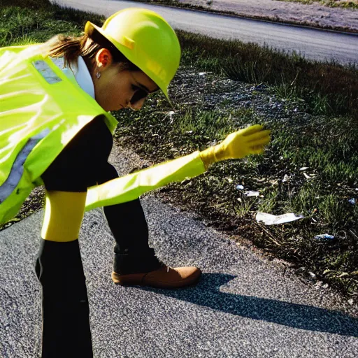 Image similar to photo, close up, emma watson in a hi vis vest picking up trash on the side of the interstate, portrait, kodak gold 2 0 0,